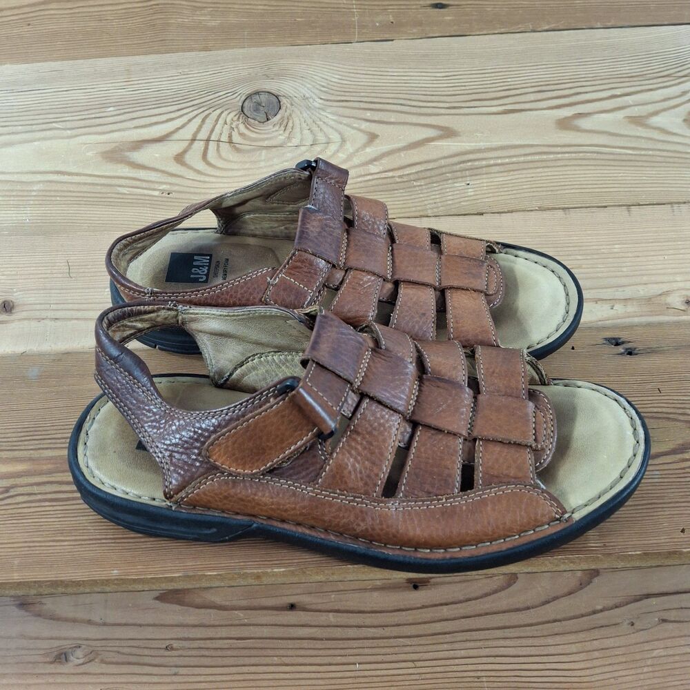 J M Sheepskin Memory Foam Brown Leather Fishermans Strap Sandals Vibram Sole 9